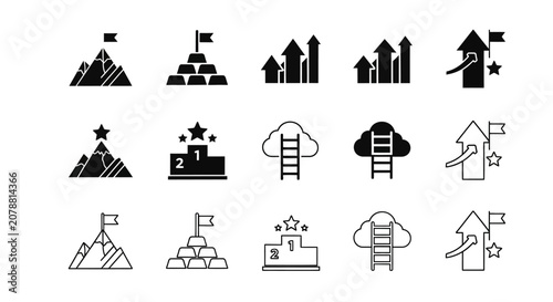 Foto Business Growth Icons, 20 Black Line Style Symbols, Success and Achievement Grap