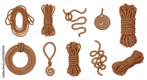 Photos Brown rope, cord, and twine bundles, coils, and skeins, vector set of 10