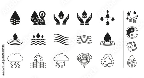 Εκτύπωση καμβά Water Drop Icons, Weather Symbols, Rain and Cloud Illustrations, Vector Graphic