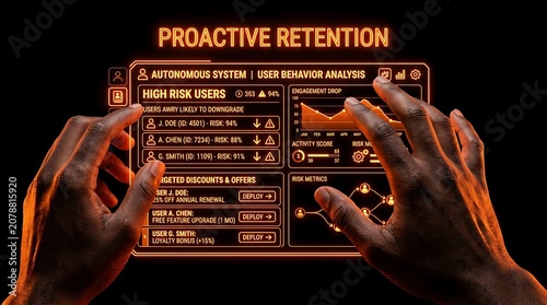 Hands Interacting with Proactive Retention System Interface on Dark Background.