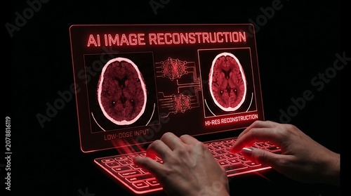 AI Image Reconstruction of Brain Scans on a Futuristic Laptop.