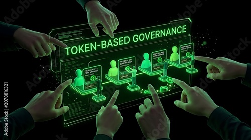 Token-Based Governance System with Multiple Hands Interacting on a Digital Interface.