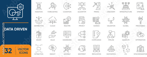 Data Driven Icon Set. Containing Big data, Data Analytics, Database, Data privacy and more. Editable vector Line icons collection.