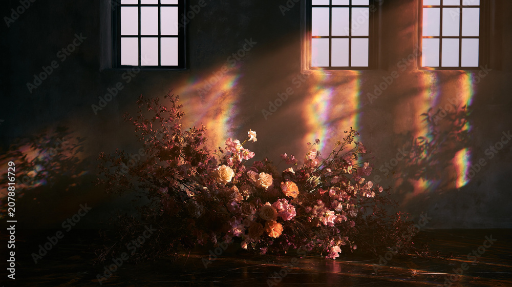 Naklejka premium High-end botanical interior scene with artistic bouquet and warm sunlight branding backdrop