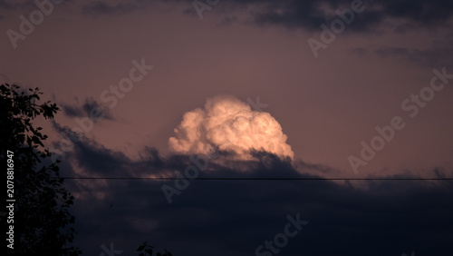 Obraz na plátně A single brightly lit cumulonimbus cloud rising above dark storm clouds and the silhouette of a tree in the evening sky