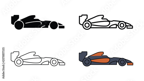 Set of four formula racing car icons representing high speed motorsport vehicles in different graphic design styles