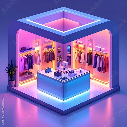 A futuristic clothing store with neon lights and a central counter