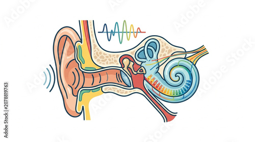 Canvastavla Detailed illustration of the human ear anatomy and sound waves.