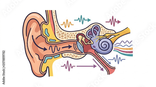 Tableau sur toile Detailed illustration of the human ear anatomy and sound wave transmission