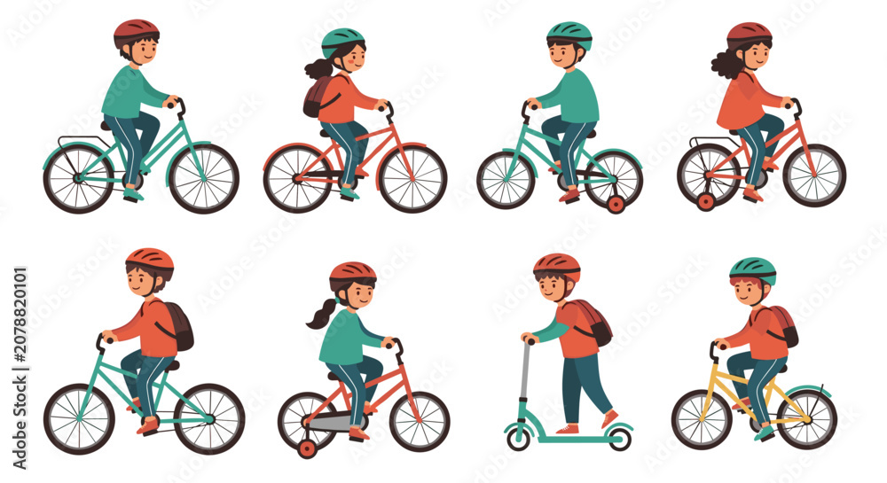 Obraz premium Cute collection of young boys and girls riding various bicycles and a scooter wearing safety helmets.