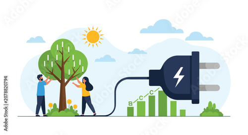 Eco friendly green energy concept with people caring for tree connected to power plug, green power growth chart.