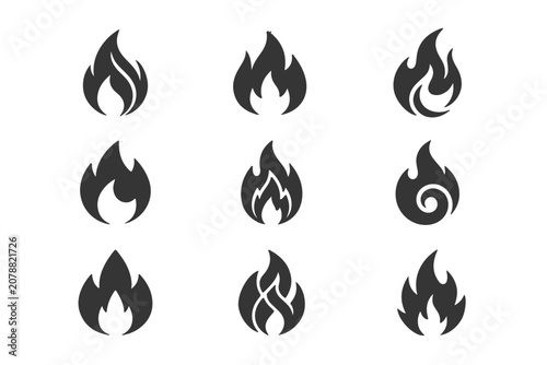 Minimalist flame icons set. Fire, bonfire, and campfire black vector symbols in a 3x3 grid isolated on a white background.