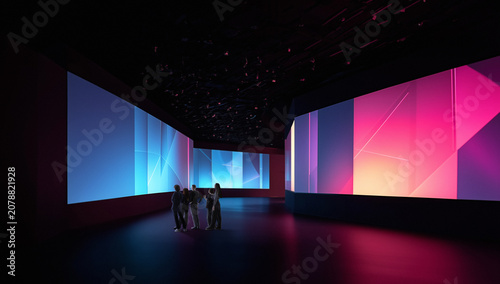 Group of visitors in dark immersive gallery with blue and magenta projection walls, neon glow, and wide composition. Fits museum promotion, art events, and technology branding.