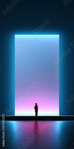 Person faces immersive digital portal with blue and pink gradient glow, centered composition, reflective floor, and large copy space. Fits metaverse, XR, and digital interface campaigns.