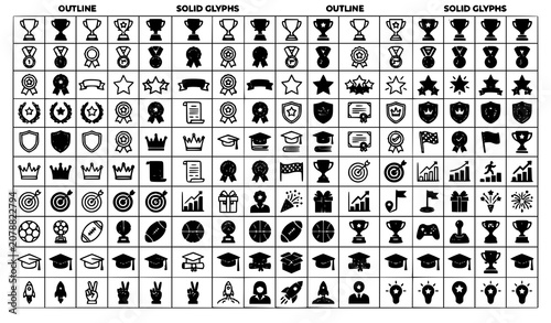 Trophy Icons Collection Editable Stroke Vector Set with Award Medal Winner Achievement and Success Symbols Thin Line and Glyph Style