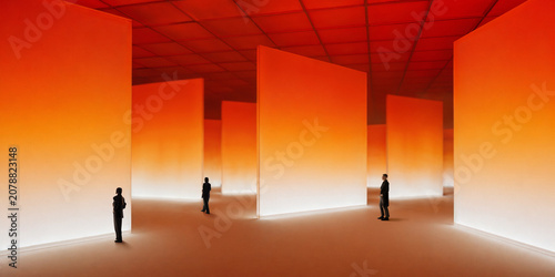 People move through immersive orange-lit space with glowing panels, soft haze, and layered depth. Fits spatial computing, digital experience design, and technology event campaigns.
