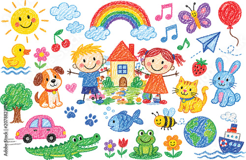 Hand-Drawn Children Art Elements with Animals, House, and Rainbow