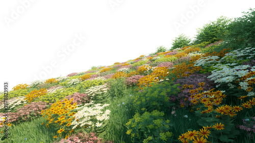 Wildflowers blooming on a gentle slope under bright natural light ideal for ecological concepts
