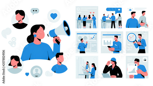 Woman with megaphone broadcasting messages to diverse people during social media campaign for business growth