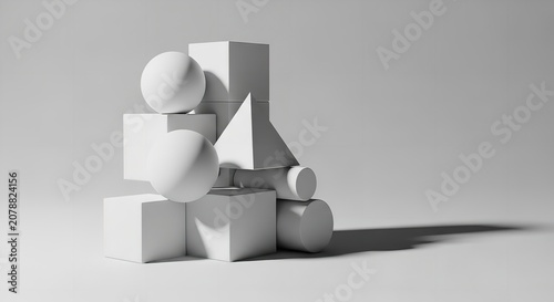 Stacked white geometric shapes on plain background