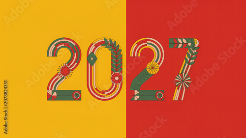 Year 2027 stylized numbers with abstract festive patterns on contrasting yellow and red