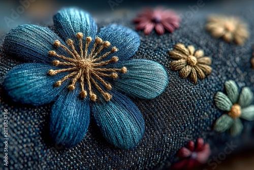 Close-up of blue and gold floral embroidery on dark fabric. Handcrafted textile design with intricate stitching and metallic thread detail.