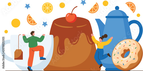 Photos Tiny people enjoying huge desserts with giant pudding tea cup teapot donut and o