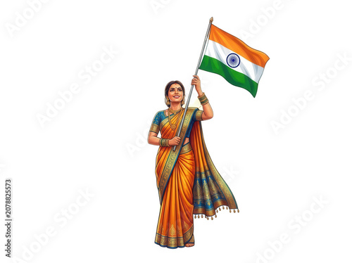 Smiling Indian woman holding national flag in traditional ethnic attire