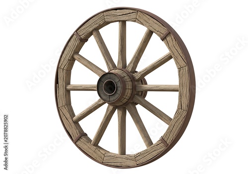 Old rustic wooden wagon wheel with iron rim and spokes for farm and western style design