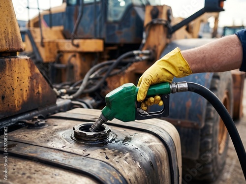 Close-up of a person in yellow gloves refueling heavy construction machinery with a green diesel nozzle at a worksite