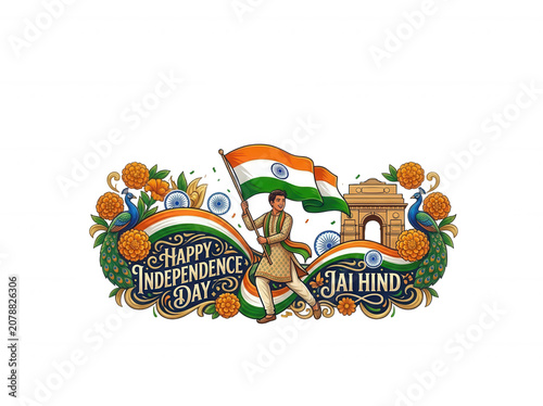 Young man holding indian flag with marigold flowers and monument