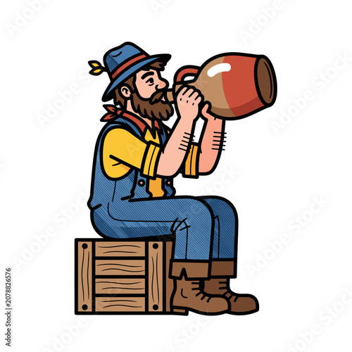 Hillbilly man sitting on a wooden crate drinking from a large jug
