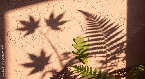 Shadows of Tropical Leaves on Textured Wall in Warm Natural Light