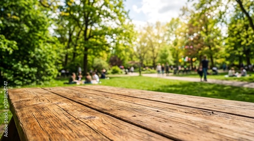 Rustic wooden picnic table in a lush green park with blurred background of trees and people enjoying a sunny day outdoors