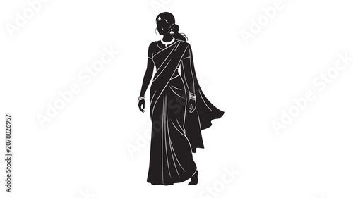 Traditional Indian woman silhouette in ethnic saree, elegant female figure in classic South Asian dress, black and white vector illustration of lady in sari