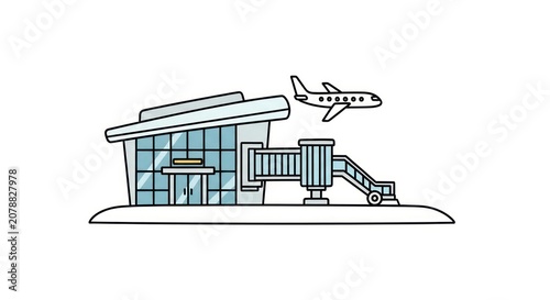 Airplane taking off from airport terminal.
