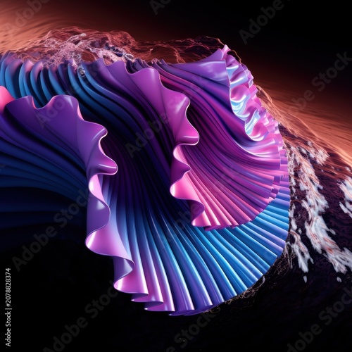 A vibrant abstract sculpture with purple and blue hues in a dramatic setting