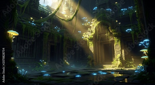 Mystical Forest Scene with Sunlight Rays and Ancient Ruins at Night.