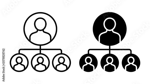Obraz na płótnie Organization Chart Icons: Two visual representations of an organizational hierarchy, depicting a manager or leader with direct reports below, rendered in both outline and solid black graphic styles