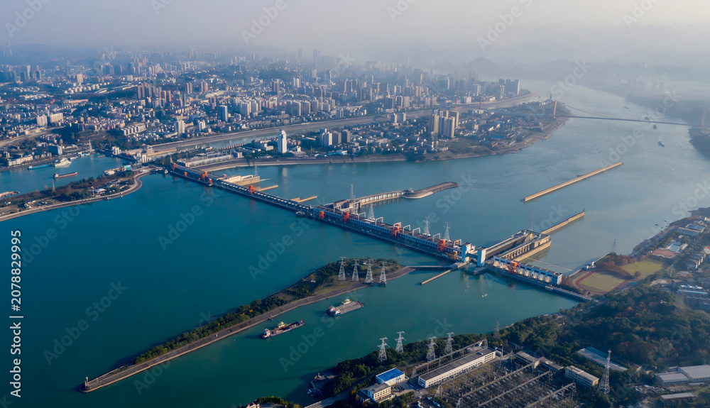 Obraz premium Three Gorges Dam Aerial View - Yangtze River Power Project, China