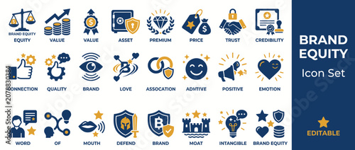 Fotografía Brand equity and marketing value icon set in blue and yellow