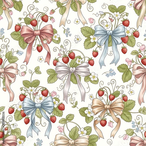 Vintage Floral Pattern with Bows and Berries for Decorative Design.
