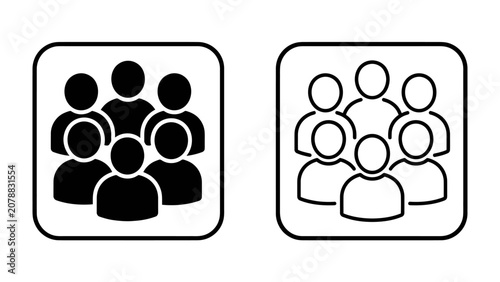 Group Iconography: Two distinct iconographic representations of a group of people, one filled solid and the other outlined, symbolizing collective presence and community.