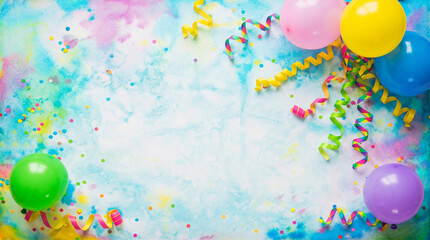 Vibrant birthday celebration background with colorful latex balloons, curly ribbon streamers, and confetti on a pastel watercolor tie-dye texture with central copyspace
