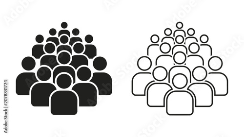 Crowd Icon Set: A visual representation of a group of people in two distinct icon styles, black and white, symbolizing community and collective gathering.