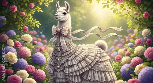 Elegant White Unicorn in Enchanted Garden Scene with Colorful Flowers and Lush Greenery.