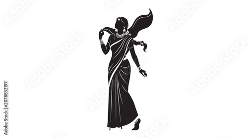 Indian woman in traditional saree silhouette, elegant female figure in ethnic dress vector, black and white cultural fashion illustration for logo design