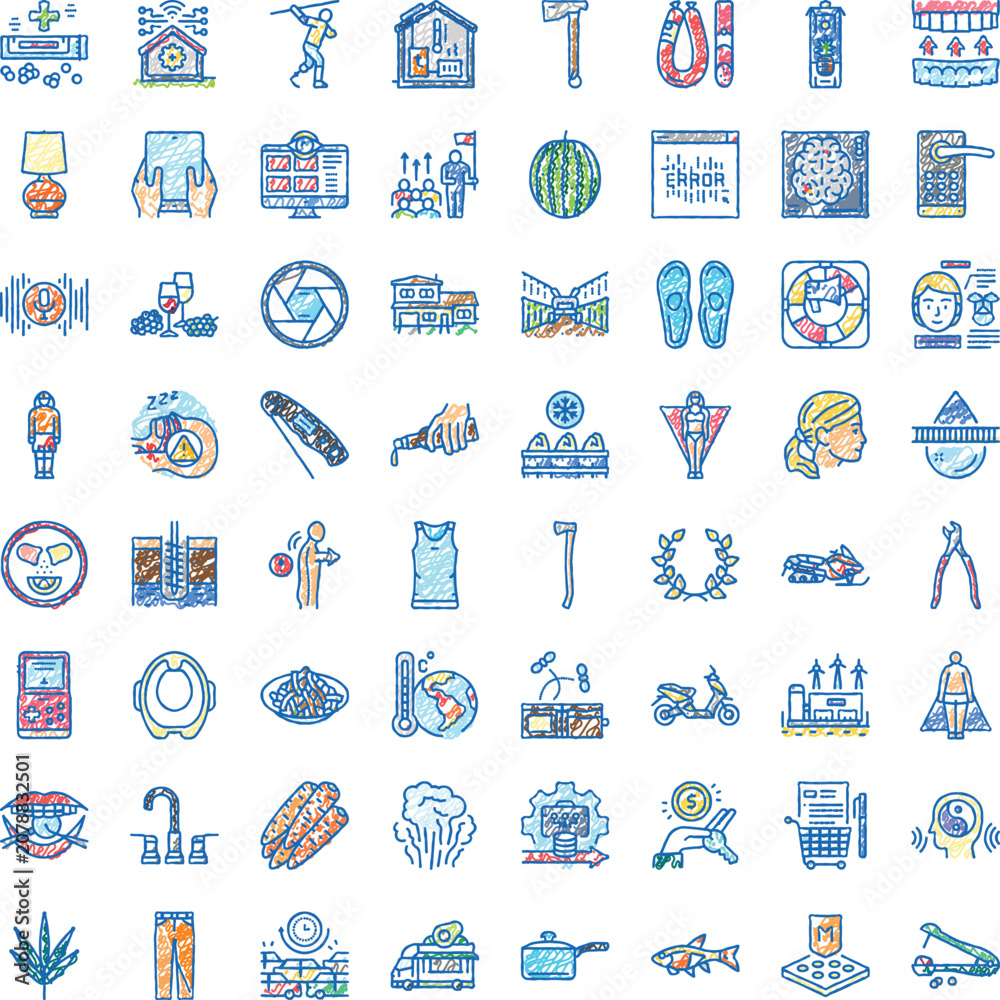 Fototapeta premium Diverse collection of hand drawn doodle icons and symbols, showcasing a wide range of universal concepts, daily activities, technology, nature, and common objects in a colorful sketch style