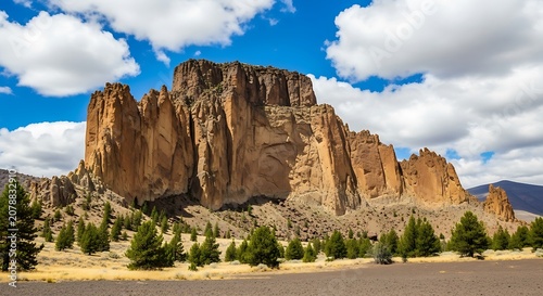 Majestic Cliff Formation with Lush Greenery and Blue Sky.