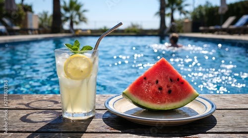 Cool lemonade with lemon and mint beside sweet watermelon slice on plate by poolside vacation.